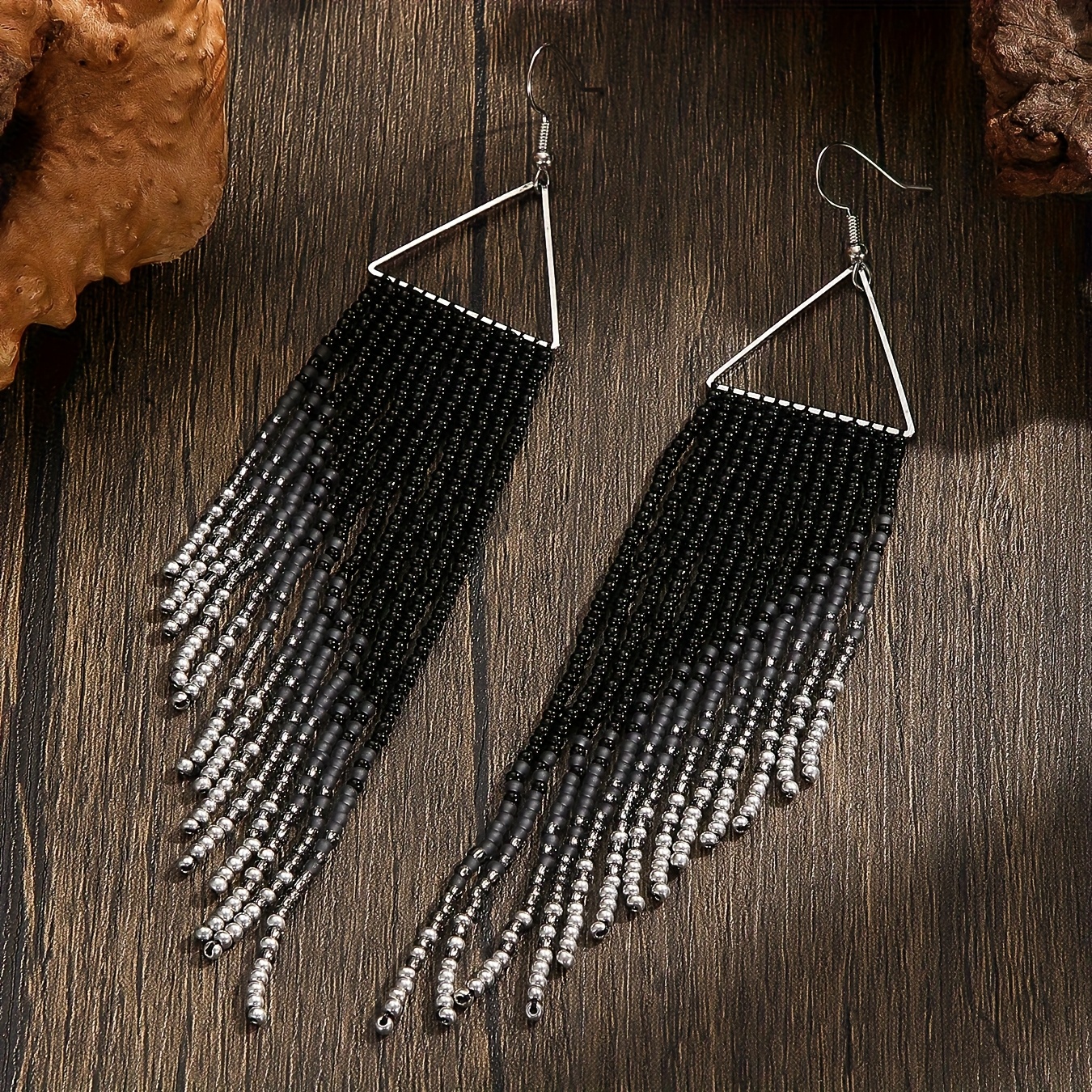 Women's Boho Style Black Metal Triangle Tassel Earrings